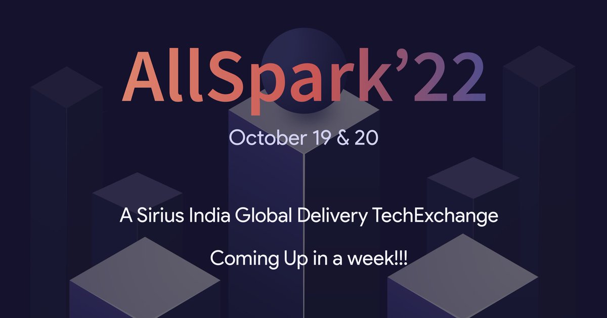 AllSparkTX's tweet photo. AllSpark’22
One more week to go..!!
#allSparkTX #techEX #techTalks #tech #solutionSpace #hybridExperience #virtualExperience #SiriusIndia #collaboration #event #workplace #backtowork #backtolife https://t.co/vVnqXC2uTx