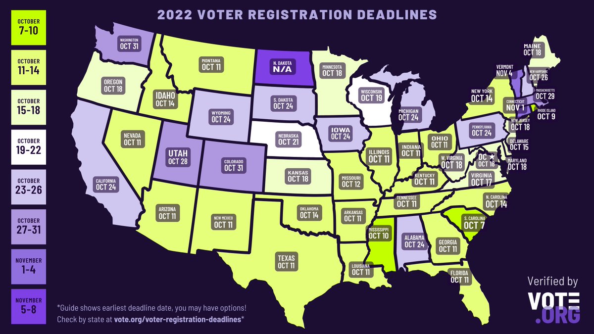 votedotorg's tweet image. Get #VoteReady for Election Day this November 8th by making sure that you're registered to vote. Check out this handy registration deadline guide, and visit vote.org/am-i-registere… to check your voter registration status. We help you vote smarter, not harder. 

#vote #GOTV