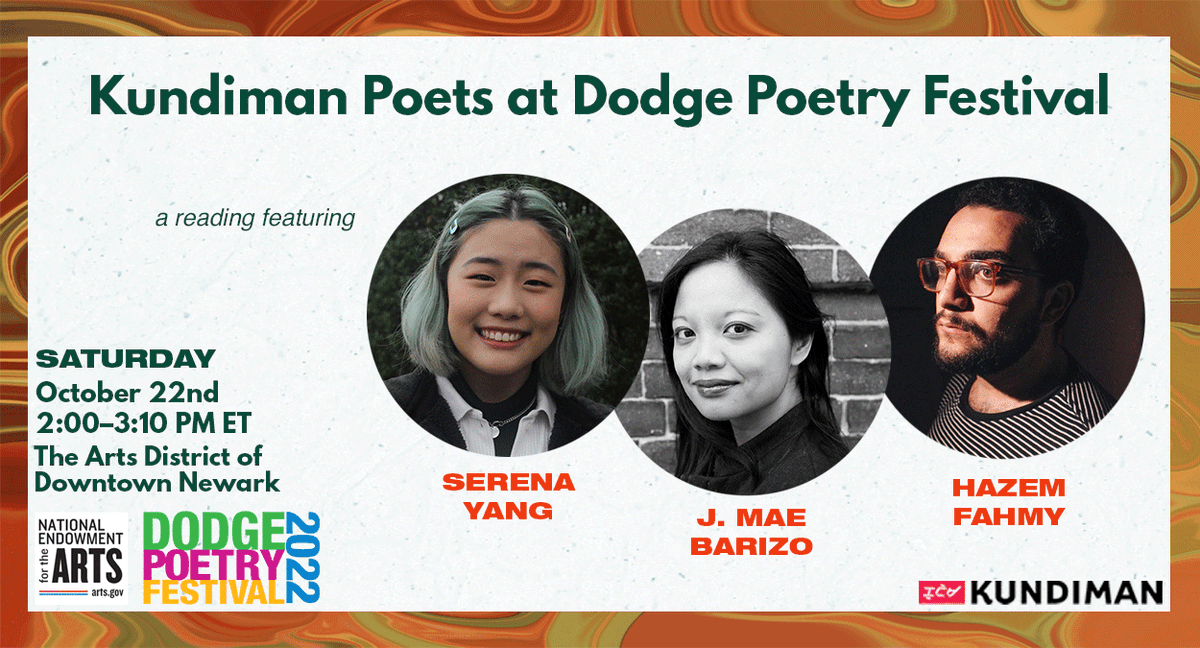 We're excited to be at the @DodgePoetryFest tomorrow with poets Hazem Fahmy (@zam__zoum), @jmaebarizo, and Serena Yang. ✨ Kundiman's reading begins at 2:00pm ET in the Arts District of Downtown Newark. See you there! #DodgePoetryFest kundiman.org/calendar-1/2do…