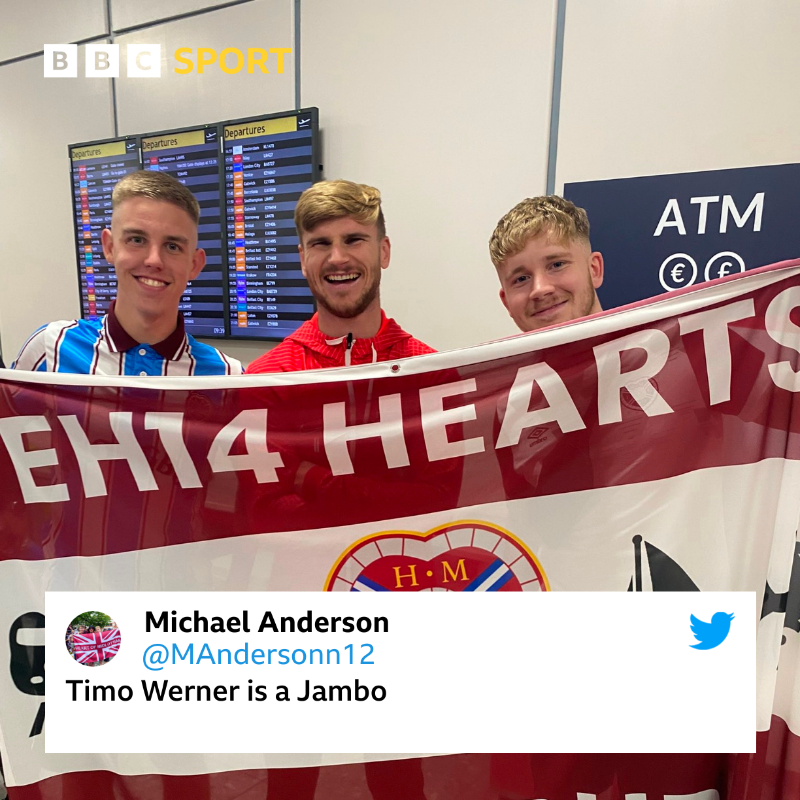 BBCSportScot's tweet photo. Timo Werner is a Jambo? 😅

After scoring and assisting last night against Celtic in the Champions League, the German forward stopped for a photo with some Hearts fans en route to Florence! https://t.co/gkT6V9mpuC