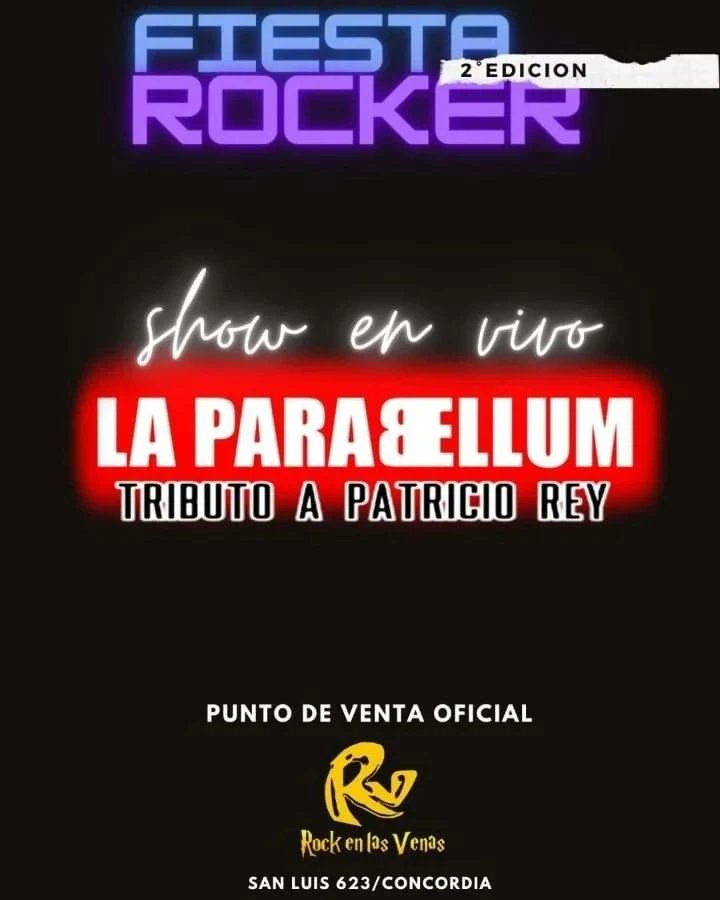 SolaDray's tweet photo. 🔥“FIESTA ROCKER |Segunda Edición|
Sábado 15 de octubre 22 hs.
Concordia - San Luis 421 |bodegón de Eulogia Tapia| sede Club Estudiantes.
➡️Show en vivo de:
LA PARABELLUM “Tributo a Patricio Rey”.
Y DJ ROCKER toda la noche.
🎧 MATIAS BINSAK DJ @matiasbinsak https://t.co/SoVhrLfEun