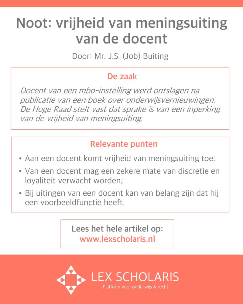 Afgelopen vrijdag verscheen een arrest van de Hoge Raad over het ontslag van een docent naar aanleiding van het publiceren van het boek over onderwijsvernieuwingen. Onze analyse van dit arrest vind je hier: lnkd.in/eRMaSPtt