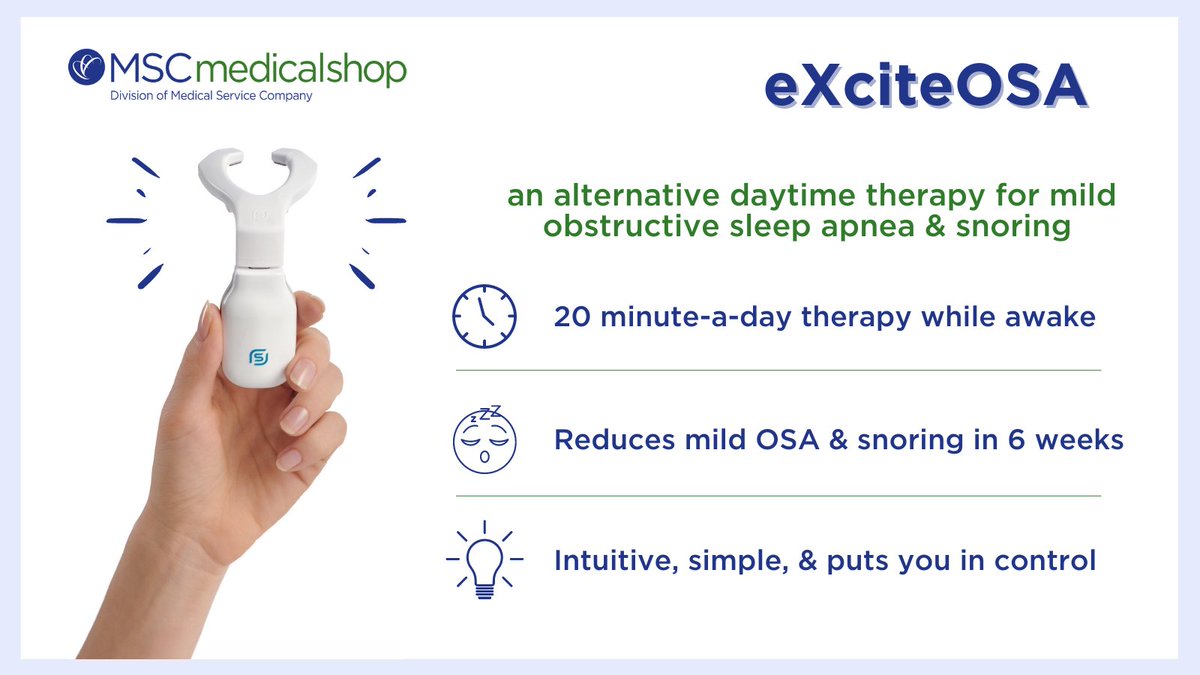 MSCMedicalShop's tweet photo. Take the next steps towards better #sleep with @eXciteOSA! This alternative to #sleepapnea therapy is for those with mild #obstructivesleepapnea (OSA) & #snoring. Learn more about this device now available on #MSCMedicalShop at: https://t.co/dByMFmEe9B. #Signifier https://t.co/o3yqOdCby9