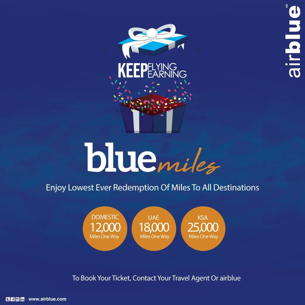 airblueairline's tweet photo. Now fly smart with #Bluemiles 💙
The best redemption #FrequentFlyer Program in #Pakistan.
Sign up & become a member today at https://t.co/3gJOdWngql
#airblue #frequentflyerprogram #flyingredefined #KSA #InternationalMiles #UAE #DomesticMiles https://t.co/V1N7U7BOLu