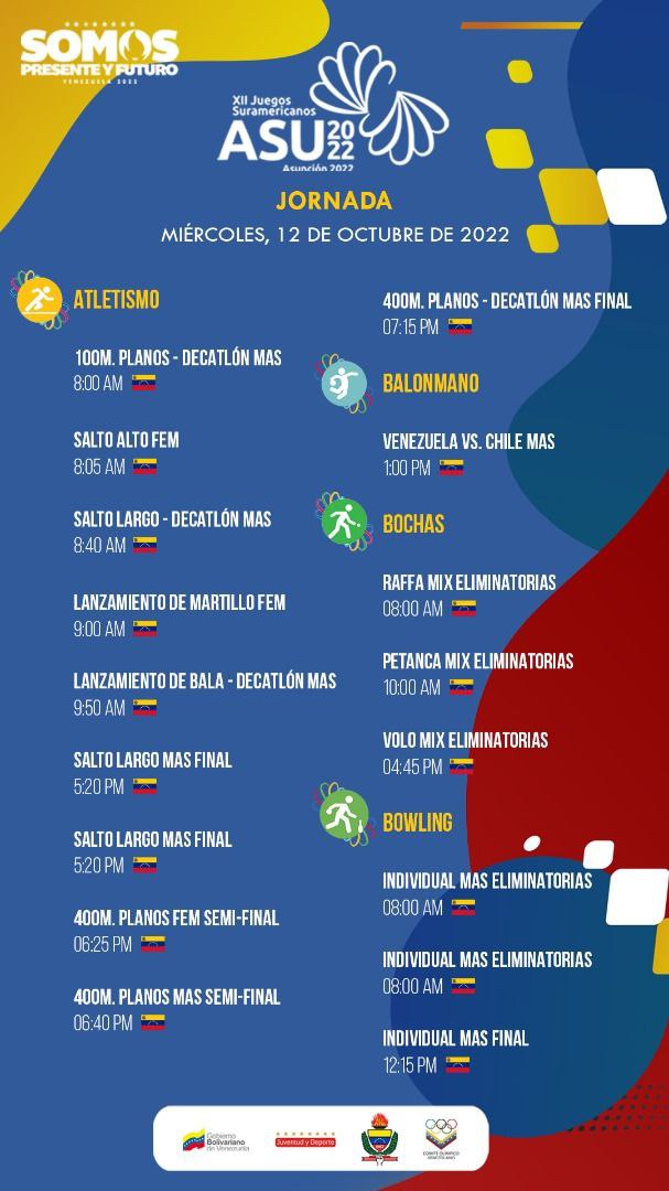PLVenezuela's tweet photo. 🥁 #12DeOctubre, #DiaDeLaResistenciaIndigena y los aguerridos atletas de 🇻🇪 seguirán alcanzando #victorias en #ASU2022 . 👉 Acá les dejo el calendario de hoy. Sigamos 🐾 deportiva de 🇻🇪🇻🇪🇻🇪 #elsuenodetodos es #alcanzable. https://t.co/ODrfjuQXW8