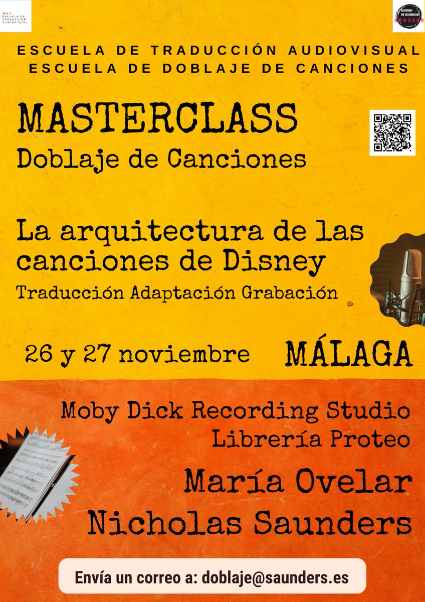 dobcanciones's tweet photo. ¡Regresamos a Málaga!

«Masterclass de Doblaje de Canciones: La arquitectura de las canciones de Disney» es una formación muy especial en la que todos los alumnos participarán en el doblaje de un tema completo.

👇👇👇
https://t.co/4Ny8BMsM25 https://t.co/cRKz1D76Ye