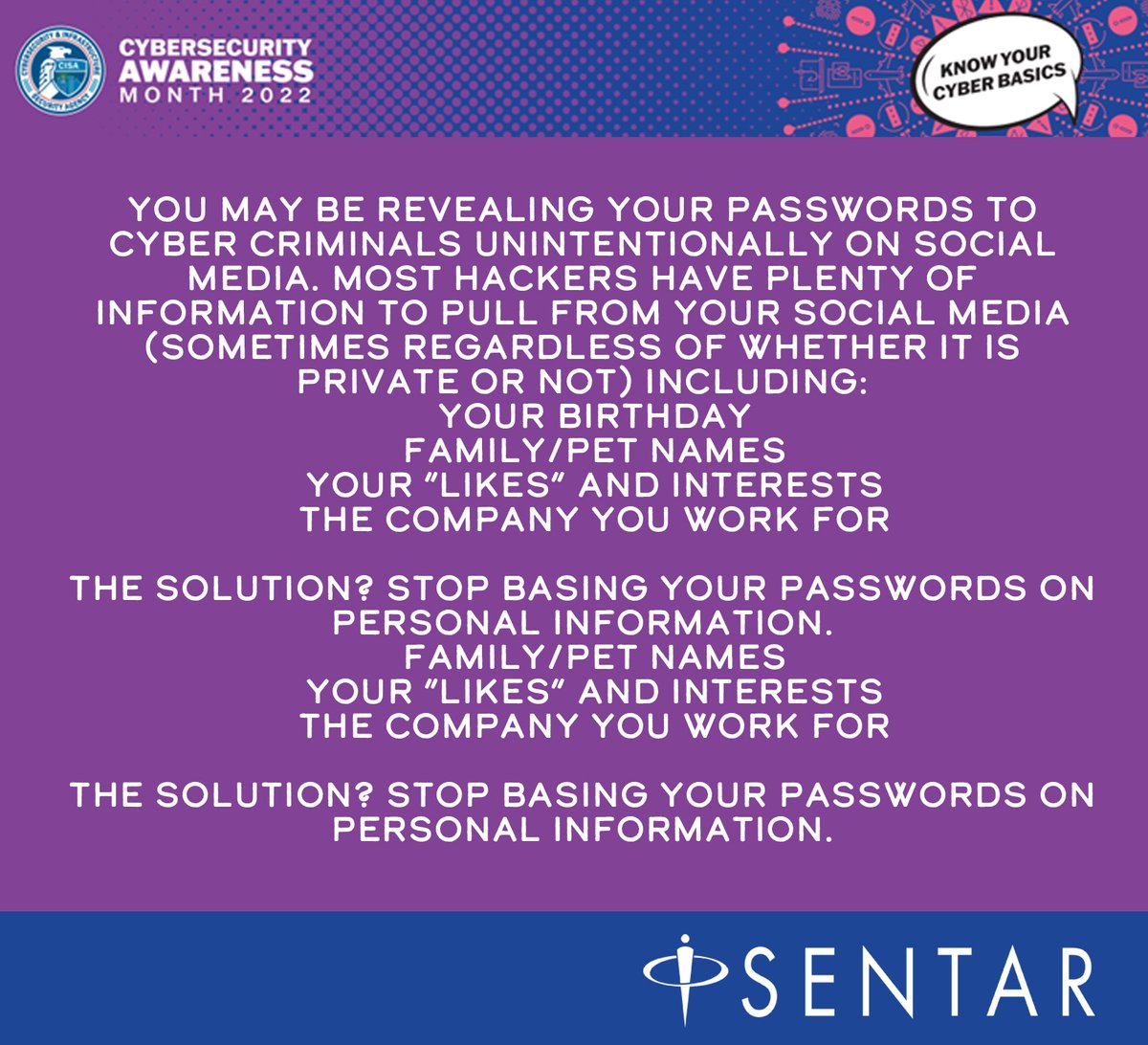 Sentar_Cyber's tweet photo. It’s #Week2 of Cybersecurity Awareness Month 2022. Today, we’re reminding you to use strong passwords and to reset them often. #SeeYourselfinCyber https://t.co/vg2vmTzVBY