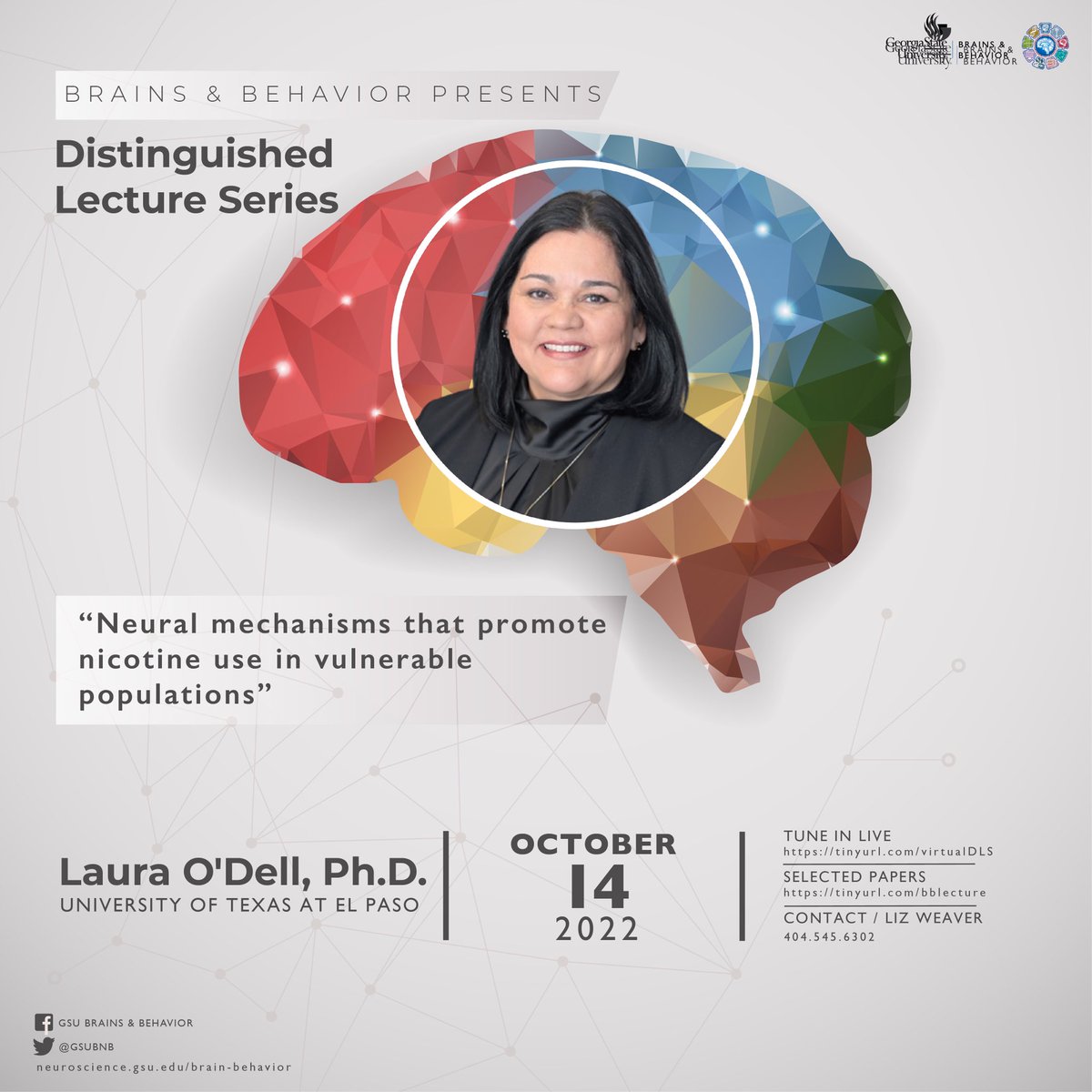 THIS FRIDAY at 10am — Distinguished Lecture Series: featuring Laura O’Dell! 

Laura O’Dell, PhD will be joining us from University of Texas at El Paso for her talk: Neural Mechanisms that promote nicotine use in vulnerable populations. <a href="/LauraEODell/">Laura O’Dell</a>