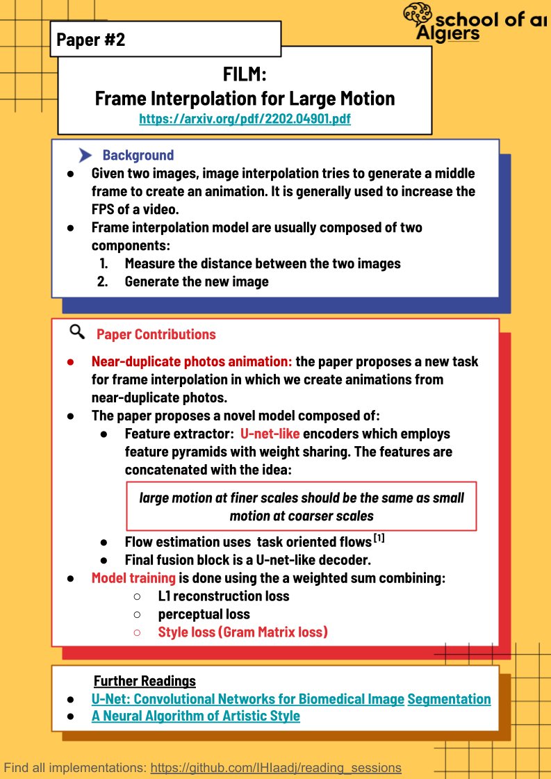 IHIaadj's tweet photo. Second paper read last Friday during our reading sessions was: 🤩
FILM: Frame Interpolation for Large Motion
Here's a cheatsheet summarizing the paper

Next week the paper will be: "ARAGPT2: Pre-Trained Transformer for Arabic Language Generation" 
Join us: https://t.co/ugD7InW5ka https://t.co/7nhro7wVTD