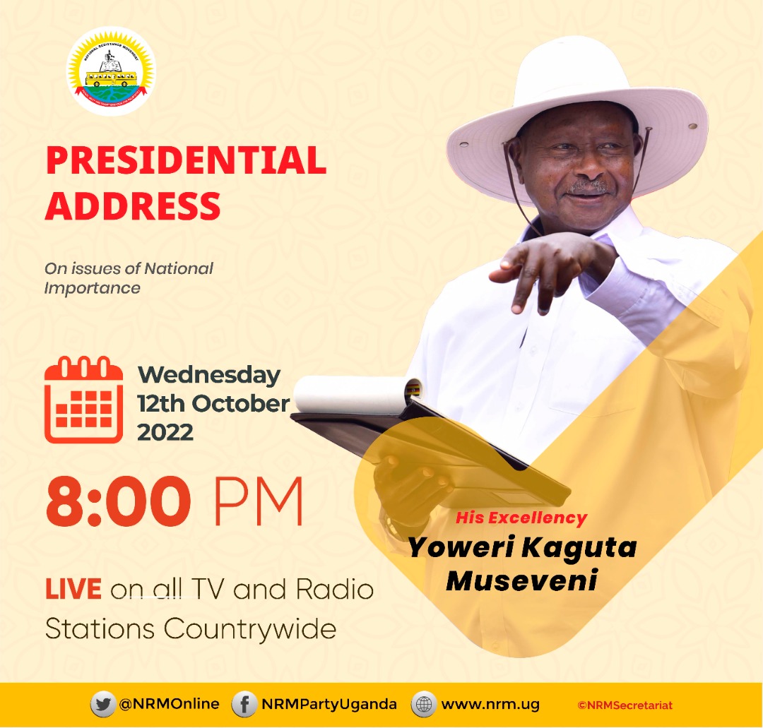 DON'T MISS! This evening, H.E. President @KagutaMuseveni will address the Nation on issues of National importance.   The address will be broadcast live on all radio and TV stations nationwide starting at 8 p.m. Tune In. #M7Address instagram.com/nrmuganda