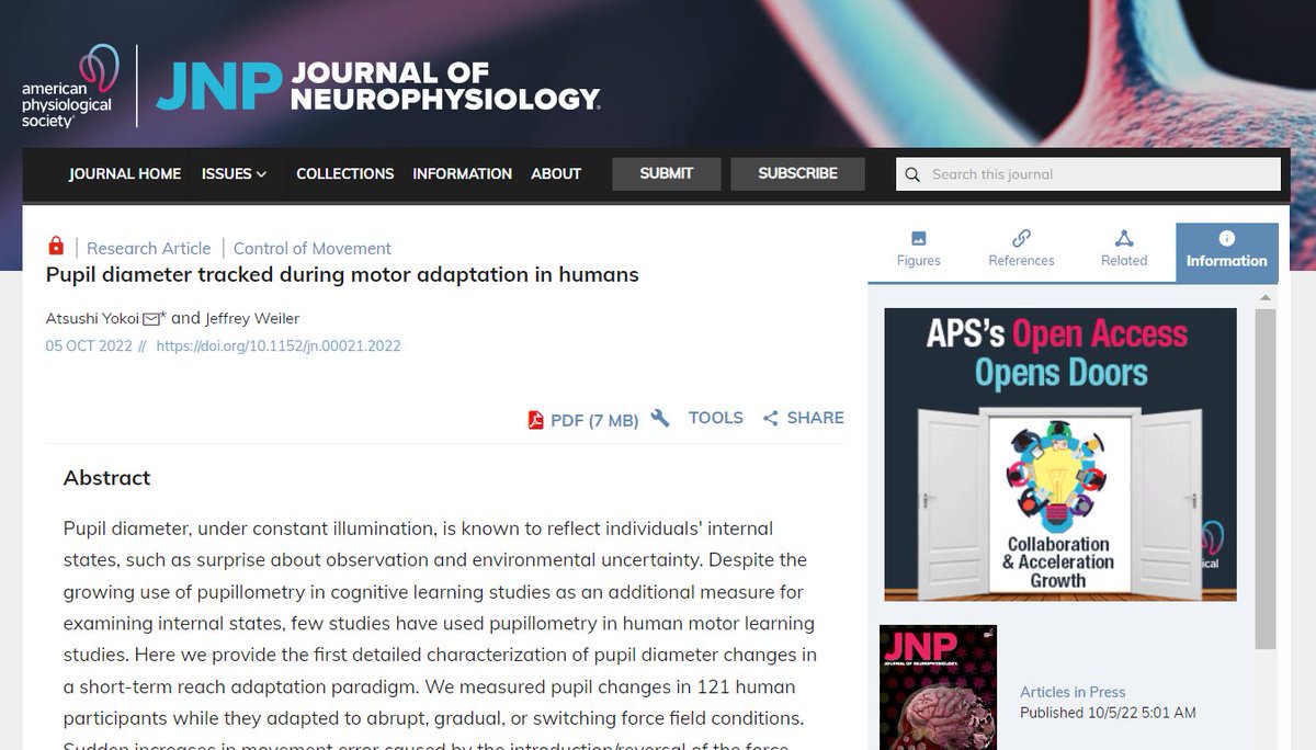 JNeurophysiol's tweet photo. 🧠#ArticlesInPress "Pupil diameter tracked during motor adaptation in humans" by Atsushi Yokoi and Jeffrey Weiler
https://t.co/UwRR3Zx0oo
@ayokoi_exp @Jeff_Weiler #MotorLearning #ForceField #PupilDilation #neuroscience #JNeurophysiol https://t.co/SnJ22vu0GU