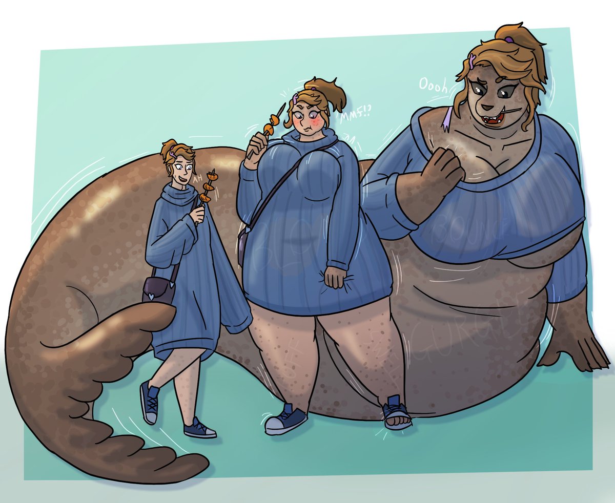 volkaiju's tweet photo. Spotted a fun outfit for my Selkie OC, Daire- a loose sweater dress that becomes more of a sweater when she swells up. Turns out seafood has quite the calories for this girl. #transfur #tftg #furryart https://t.co/zRwgV1bbbg