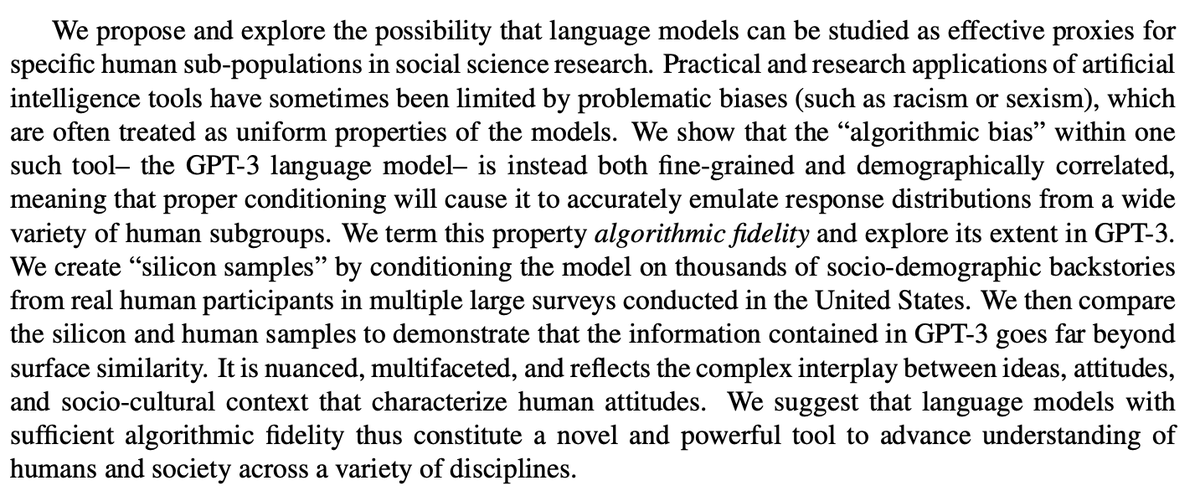 John Nay (@johnjnay) on Twitter photo Using LLMs for social (simulation) science arxiv.org/abs/2209.06899
Once we figure out how to scale it, this approach could revolutionize agent-based simulation modeling for nuanced, multifaceted silicon samples
cc <a href="/mjbommar/">Michael Bommarito</a>,<a href="/computational/">Computational Legal</a>,@jg_environ
h/t <a href="/jackclarkSF/">Jack Clark</a> Import AI Using LLMs for social (simulation) science arxiv.org/abs/2209.06899
Once we figure out how to scale it, this approach could revolutionize agent-based simulation modeling for nuanced, multifaceted silicon samples
cc <a href="/mjbommar/">Michael Bommarito</a>,<a href="/computational/">Computational Legal</a>,@jg_environ
h/t <a href="/jackclarkSF/">Jack Clark</a> Import AI