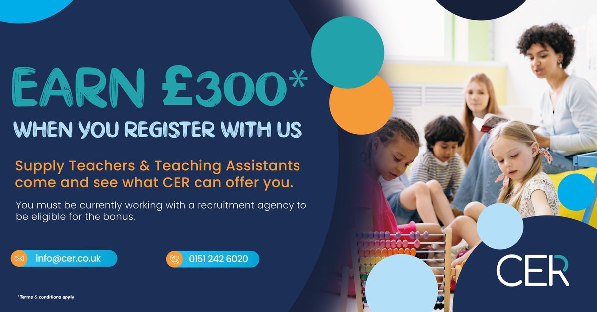 emmapriorCER's tweet image. Are you an Education specialist working on a temporary basis, if so you could earn a bonus payment of £300 for signing up with us! If you would like to hear more about this amazing opportunity, please get in touch today! 0151 242 6040 #bonusscheme #education #vacancies  #schools