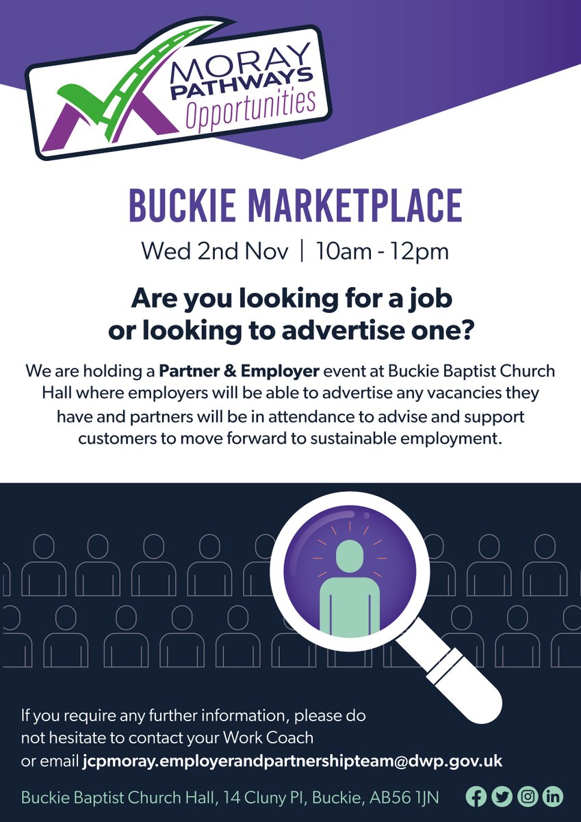 Come along to the Buckie Marketplace event where there will be a mix of local employers in attendance to advertise current and future vacancies but also a range of partner organisations who can offer support and guidance. eventbrite.com/e/buckie-marke… @JCPinNorthScot