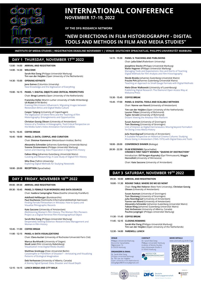 SarahMaiDang's tweet photo. And here's the full program 👇 Join us for the "Doing Digital Film History" conference, 17-19 Nov, in Marburg! #DDFH @tvanderheijden https://t.co/7TzvsQuiOg