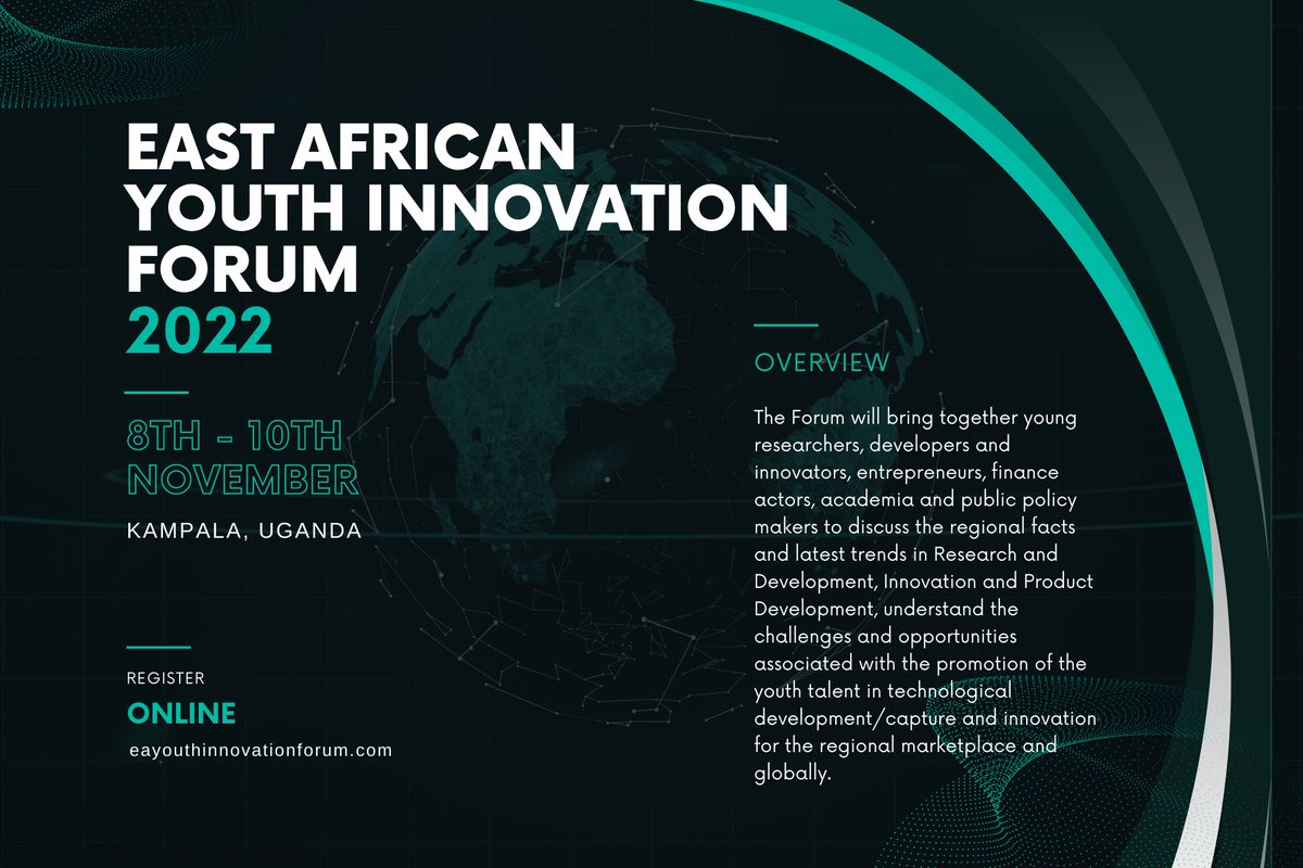 The #EAYouthInnovationForum will bring together young researchers, developers, innovators, #entrepreneurs, finance actors, academia &amp; public policymakers to discuss the regional facts &amp; latest trends in #tech development &amp; #innovation for the regional EAC marketplace &amp; globally.