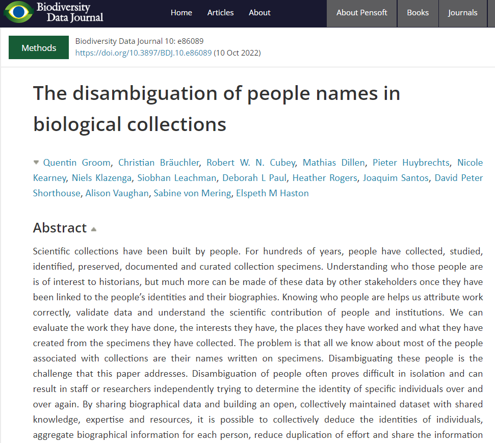 👍Right on time for next week's #TDWG2022, a Methods paper in <a href="/BioDataJournal/">BDJournal</a>: doi.org/10.3897/BDJ.10…, resulting from a wonderful global collaboration, is to "aspire to disambiguate all person names across the entirety of the #biological sciences, starting w/ #collections."
1/2