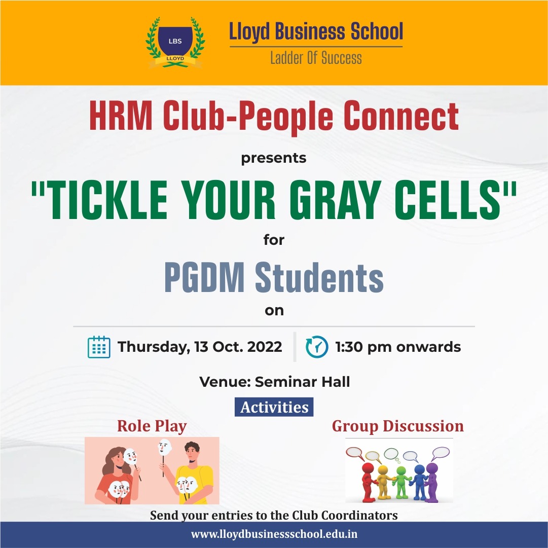 lloydlbspgdm's tweet photo. HR Club - People Connect is proud to present its first event "𝗧𝗶𝗰𝗸𝗹𝗲 𝗬𝗼𝘂𝗿 𝗚𝗿𝗮𝘆 𝗖𝗲𝗹𝗹𝘀" for PGDM students. The fun-filled event will have activities like Role play for budding managers and Group Discussion on current topics.
#pgdmstudent #PGDMCourses https://t.co/SuJHGBcXoY
