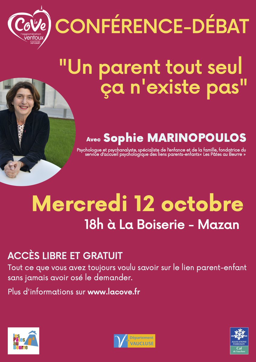 Conférence-débat "Un parent tout seul ça n'existe pas" avec Sophie Marinopoulos
Rendez-vous ce soir à Mazan ⤵️
lacove.fr/agenda/petite-…
