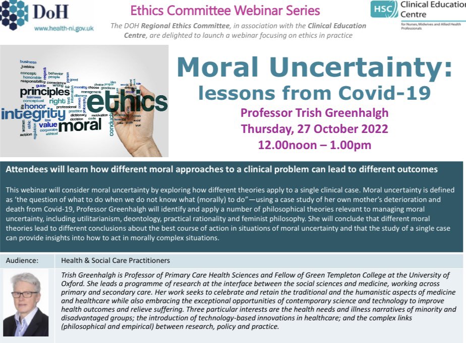 Regional Ethics Committee webinar series @healthdpt in association with @HSCCEC , 27th October 12-1pm - Moral Uncertainty: lessons from Covid-19. For more information and booking visit our website cec.hscni.net @BSO_NI @Hughmckh