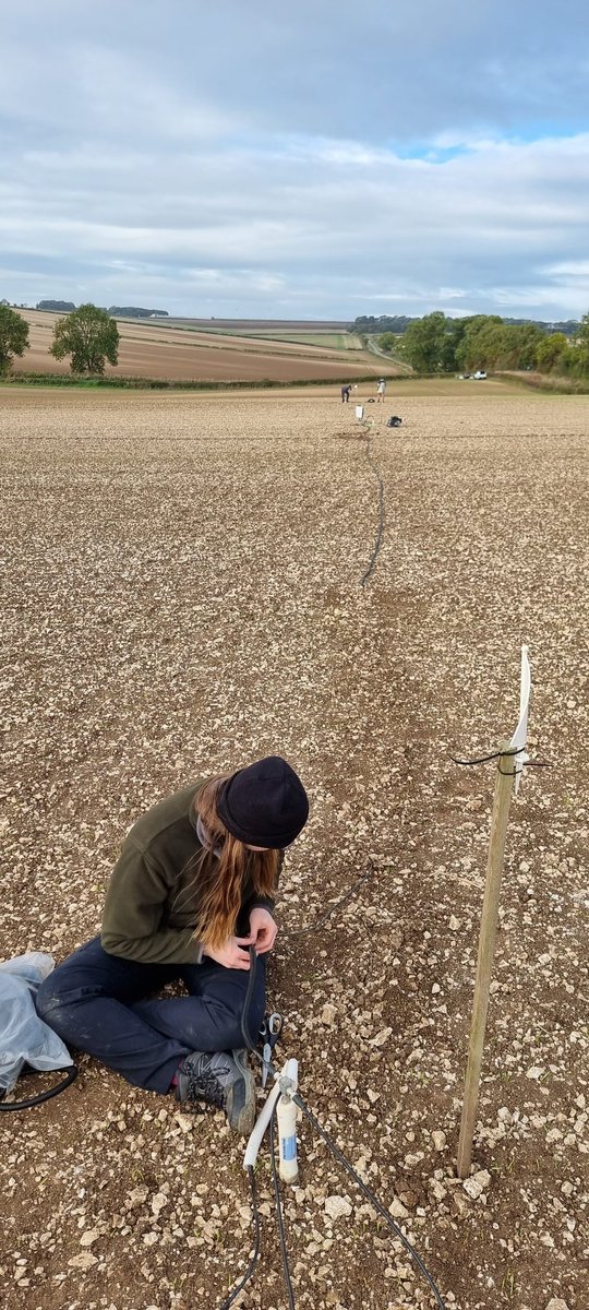 GeomorphicJosh's tweet photo. Making good progress on installing our sufficiently rabbit-proofed sensor array in a very windy #YorkshireWolds this morning - great effort from #TeamSoil https://t.co/itxbYpSxfl