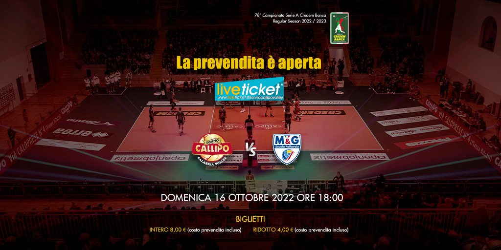 TonnoCallipoVol's tweet photo. È attiva la prevendita dei biglietti per la gara Tonno Callipo Calabria-Videx Yuasa Grottazzolina in programma domenica 16 ottobre alle ore 18:00 al PalaMaiata. Acquista online su https://t.co/pPJtMAwXz2 o presso i rivenditori autorizzati. https://t.co/fbeFyiZTrp