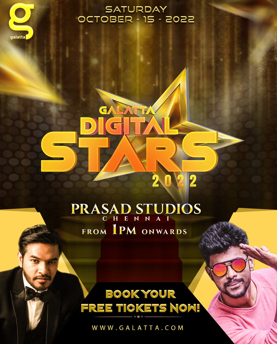 Meet your favourite YouTube and Instagram stars, only at #GalattaDigitalStars2022 🤩 🔗Book your free tickets NOW! ->galatta.com/book-ticket-di… 📍Oct 15, From 1 P.M. onwards, Prasad studios, Chennai. @madan3 @Sriram_micset