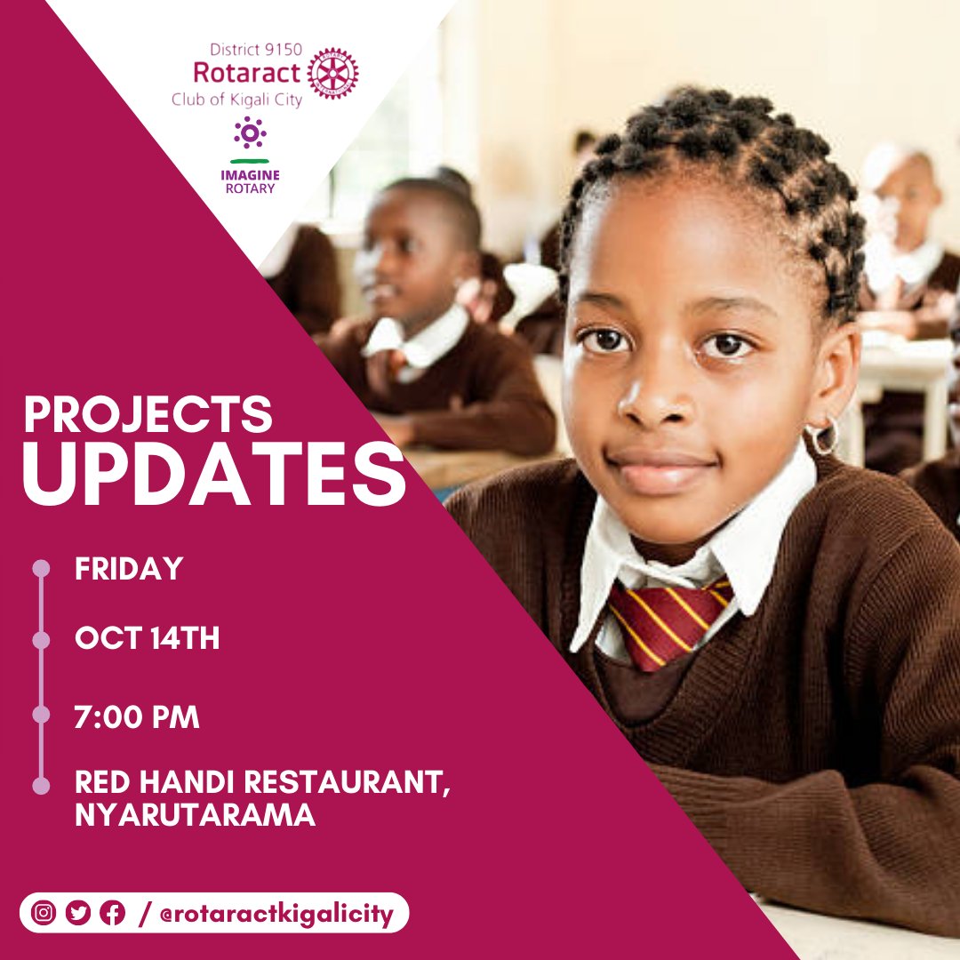 RCkigalicity's tweet photo. Looking forward to attend a fellowship this Friday?

Join us Oct. 14th evening at Red Handi, Nyarutarama for our Projects Updates fellowship. 

We'll take you through all we've in store this year. You don't want to miss this!

Mark your calendar now!

#rotaract #rotaract250 #rckc https://t.co/ZNkbY22ySJ