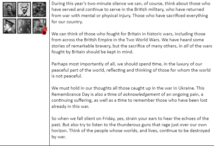 HughJRichards's tweet photo. Here’s my 2022 Remembrance Assembly, script and slides. It’s easily editable - any of the stories can be switched out. 

It combines a range of conflicts involving British and Empire soldiers with stories and reflections about Ukraine. 

Would love RTs, as I NEED SOME HELP: 👇 https://t.co/TJDfuHR346