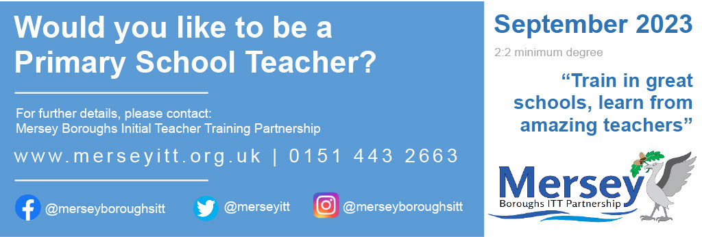 merseyitt's tweet photo. Interested in training to be a primary school teacher?
Get in touch now for more information about our ITT programme, applications now open for September 2023 start!
#MBITT #SCITT @getintoteaching #QTS #PGCE #primary #Merseyside https://t.co/LWpkvH6ntw