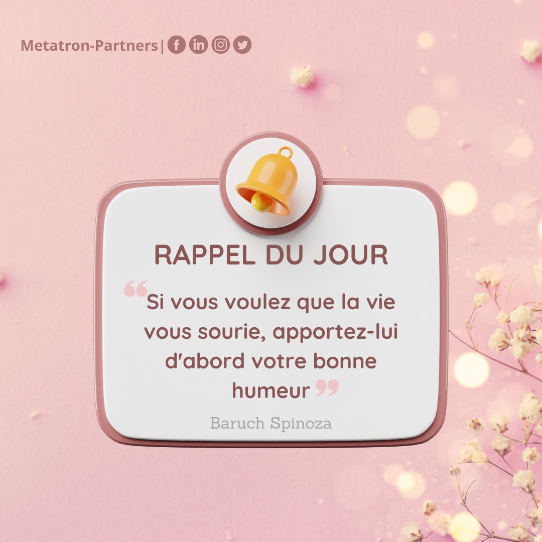 Metatron_Rh's tweet photo. [ #citationdujour 😍]
🤩 "Si vous voulez que la vie vous sourie, apportez-lui d’abord
votre bonne humeur", 𝐵𝑎𝑟𝑢𝑐ℎ 𝑆𝑝𝑖𝑛𝑜𝑧𝑎
✌️💯
#motivation #bonnehumeur #bontravail https://t.co/XmxBwpnKdi