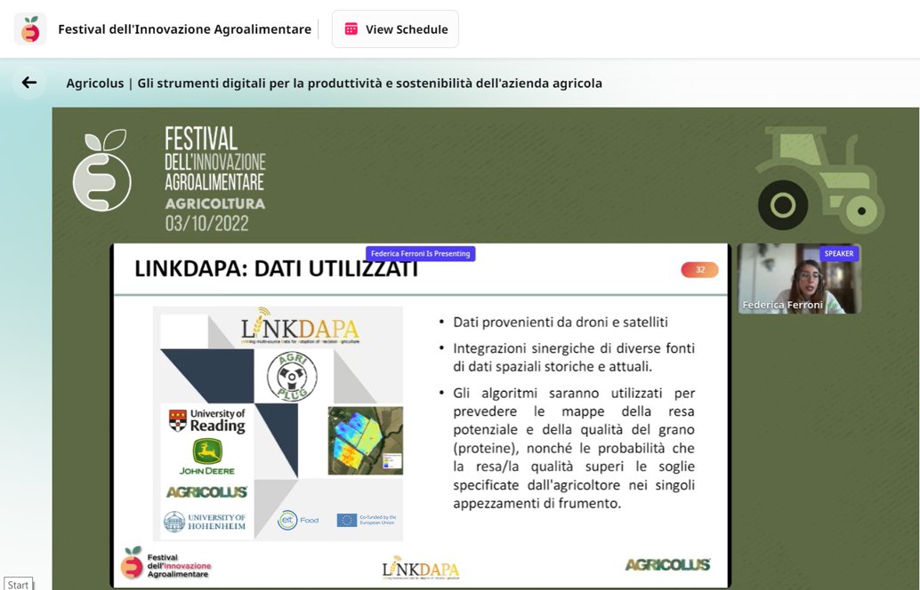 linkdapa's tweet photo. LINKDAPA was presented by @AgricolusSuite at "Festival dell'Innovazione Agroalimentare", the online event that gathered many #food innovators!
3rd October was dedicated to #smartagriculture and #agtech tools to support farmers.
@EITFood @UniofReading  @JohnDeere  @UniHohenheim https://t.co/AKvTjaaVjQ