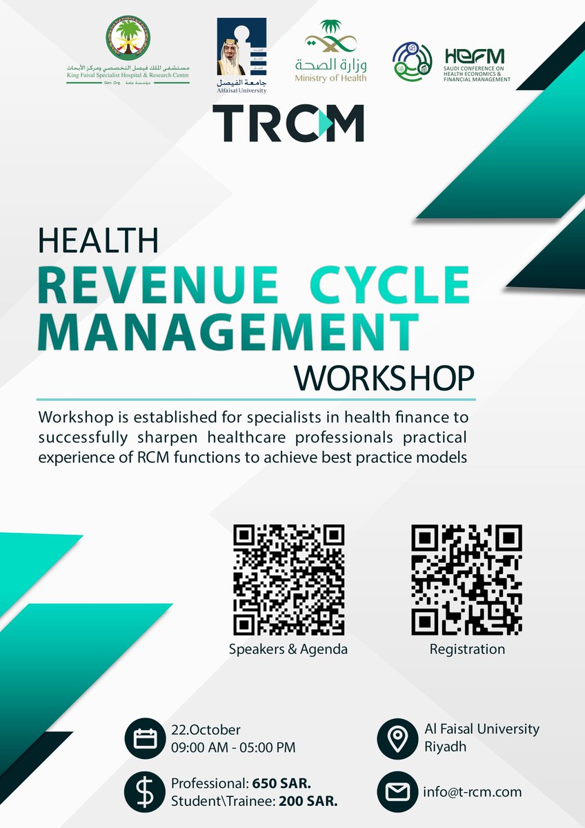 Tanami_RCM's tweet photo. 9 days are left for our upcoming #RCM Workshop
Join us! in the FIRST Saudi Conference on Health Economics & Financial Management #HEFM
📍@Alfaisaluniv
🗓️22 October 2022
📝 https://t.co/KaZ0lgHuuS
■ Limited seats
■ Special offer for groups
#insurance #valuebasedhealthcare https://t.co/q1wocOpbrI