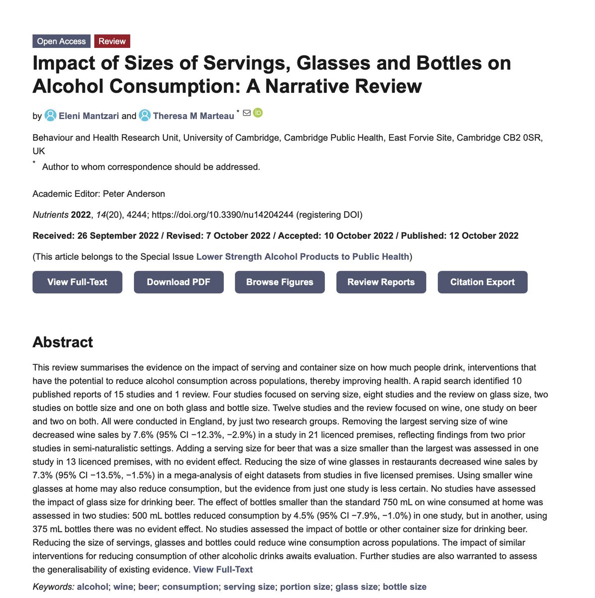 BehavChangeDsgn's tweet photo. Our new paper @Nutrients_MDPI reviewed the evidence for the impact of serving, glass and bottle size on alcohol consumption https://t.co/MJ193EPCOk #alcohol #wine #beer #servingsize #bottlesize # glasssize #drinkingless #lessalcohol #review https://t.co/H9A11oXUax