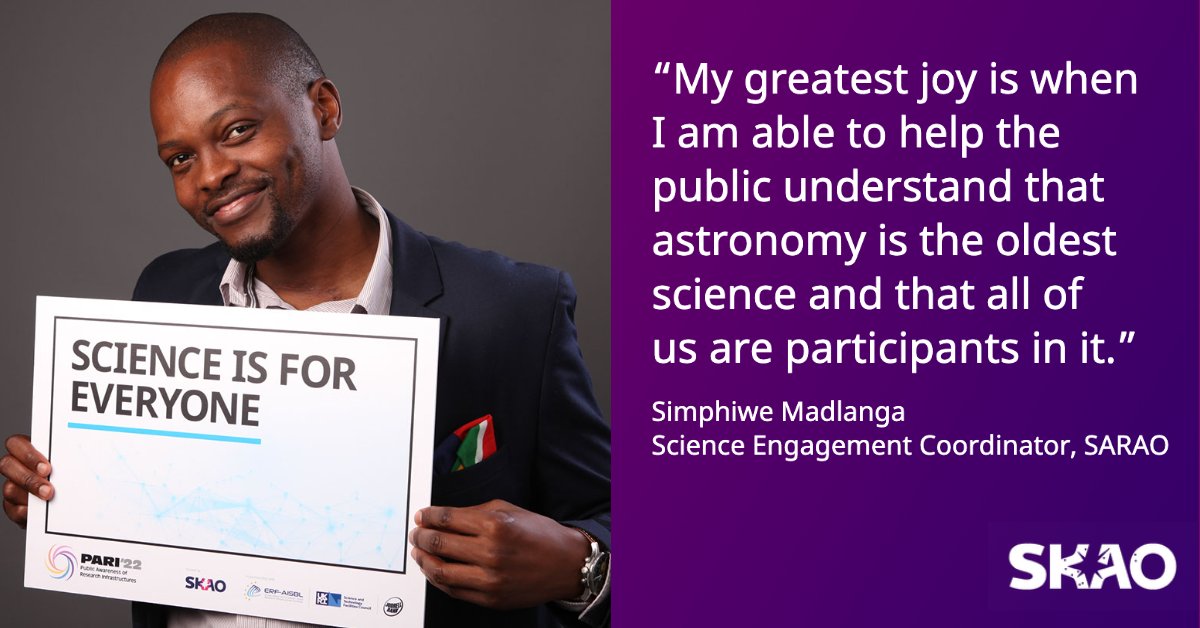 SKA Observatory (@skao) on Twitter photo Meet #TeamSKA's Simphiwe Madlanga <a href="/SYM_Madlanga/">Simphiwe Madlanga</a>, a <a href="/CheveningFCDO/">Chevening Awards🇬🇧</a> scholar & science engagement specialist with our partner <a href="/SKA_Africa/">NRF/SARAO</a> 🇿🇦! He spoke to us about lifelong learning, inspiring young people with astronomy, & the wider impact of the SKA project loom.ly/ssm4EZY Meet #TeamSKA's Simphiwe Madlanga <a href="/SYM_Madlanga/">Simphiwe Madlanga</a>, a <a href="/CheveningFCDO/">Chevening Awards🇬🇧</a> scholar & science engagement specialist with our partner <a href="/SKA_Africa/">NRF/SARAO</a> 🇿🇦! He spoke to us about lifelong learning, inspiring young people with astronomy, & the wider impact of the SKA project loom.ly/ssm4EZY