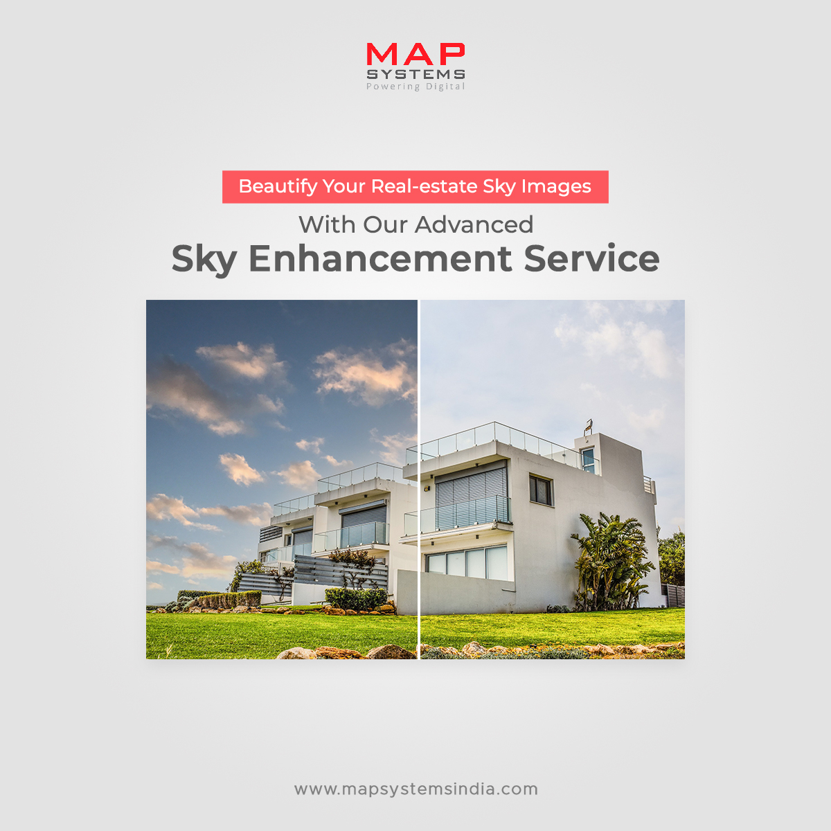 MapSystemsIndia's tweet image. We at MAPSystems, offer you with a vast array of real-estate sky replacement and enhancement services. 
 𝐕𝐢𝐬𝐢𝐭 𝐭𝐡𝐞 𝐥𝐢𝐧𝐤  𝐭𝐨 𝐞𝐱𝐩𝐥𝐨𝐫𝐞. mapsystemsindia.com/realestate-ima… 
 #mapsystems  #realestatephotoediting #skyenhancement  #skyenhancementservices #imageeditingservices