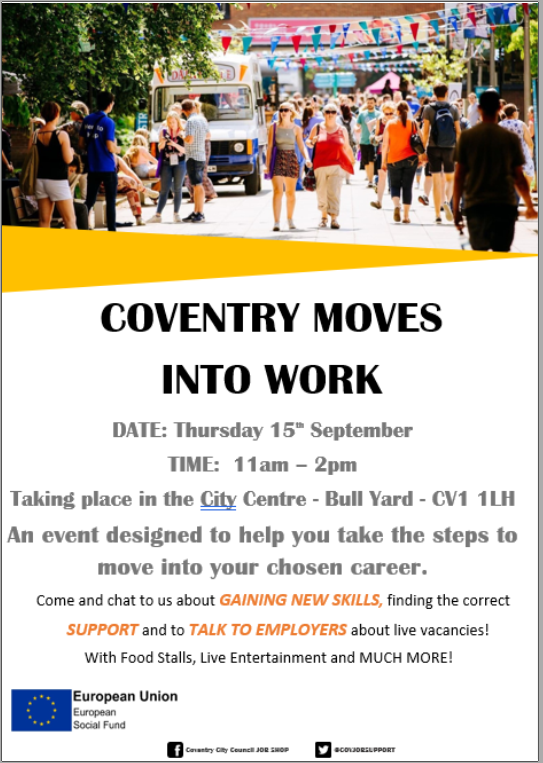 Don't forget that tomorrow Coventry Moves into Work! 

Pop down to the Job Shop to speak to members of our team including <a href="/my_coventry/">MyCoventry</a> and Your Vision Your Future to see how they can support you finding work, training &amp; volunteering opportunities💪

#Coventry #work #support