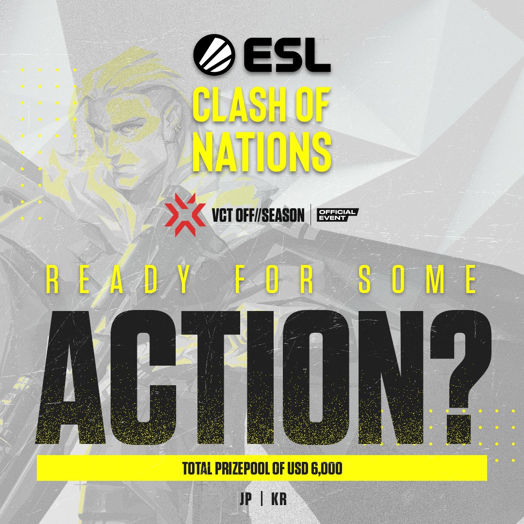 Get ready for #ESLClashofNations!

With a total shared prize pool of USD 6,000 per region (USD 18,000 across all 3 regions), teams will be competing against each other within their region to win the lion's share. 🏆✨

Stay tuned for more updates!

#VCTOffSeason #VALORANT