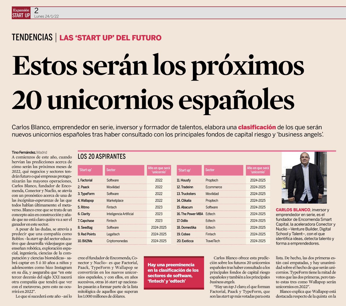 carlosblanco's tweet photo. Tras la ronda de @FactorialEs que le convierte en #Unicornio, llevo acertados el #Top3 de la previsión de startups españolas que valdrían +1B$. Tanto #Factorial como #Paack o @TypeForm han conseguido ser unicornios en 2022, a los que hay que unir @TravelPerk que se nos escapó. https://t.co/DZhR2aVMJg