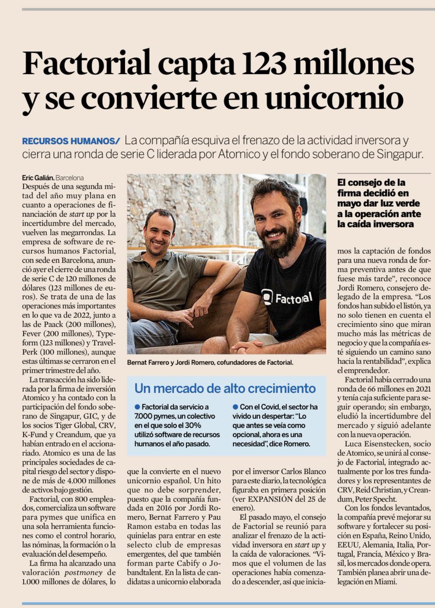 carlosblanco's tweet photo. Tras la ronda de @FactorialEs que le convierte en #Unicornio, llevo acertados el #Top3 de la previsión de startups españolas que valdrían +1B$. Tanto #Factorial como #Paack o @TypeForm han conseguido ser unicornios en 2022, a los que hay que unir @TravelPerk que se nos escapó. https://t.co/DZhR2aVMJg