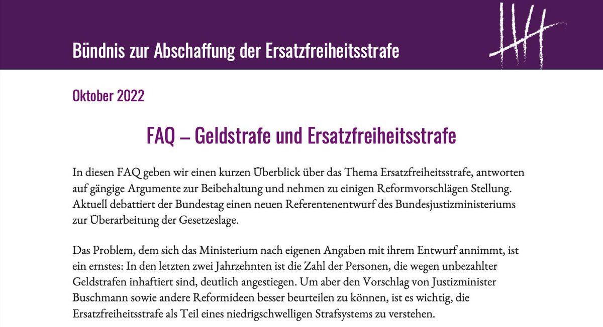 Justice_Berlin's tweet photo. Diese Woche wird ein neuer Referentenentwurf zur #Ersatzfreiheitsstrafe im Bundestag vorgestellt. Dieser Entwurf greift deutlich zu kurz. In den nächsten Wochen erklären wir hier, warum. 🧵

Mehr dazu gibt es außerdem in diesen FAQs: https://t.co/Q21vfzIOGJ https://t.co/NYLHGUuLii