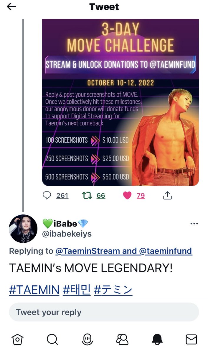 ibabekeiys's tweet photo. #Day_49 (October 12, 2022)
#OurDearestTaemin
Congratulations 🎉 TAEMIN! Your Jjakgoongs streamed your iconic MOVE to over 260 (and posted screenshots as proof) over the last 3 days!
Thanks 🙏🏽 for every one/Jjakgoong for participating in this challenge! https://t.co/fcT1G5fnku