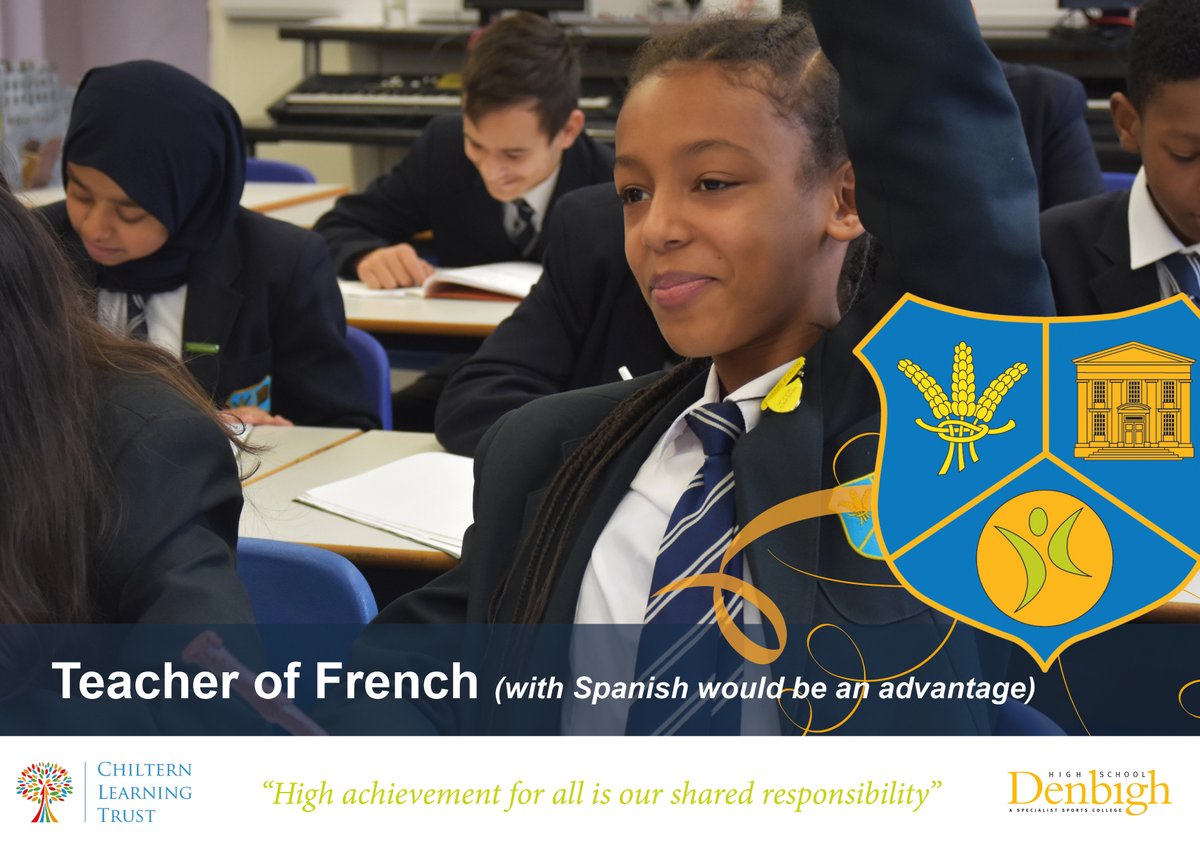We are seeking to appoint a Teacher of French (able to teach Spanish would be an advantage) to join us in January 2023. Please apply via My New Term. Closing Date: 9:00am, Monday 31st October 2022 denbighhigh.luton.sch.uk/.../Current-Va… mynewterm.com/jobs/136319/ED…