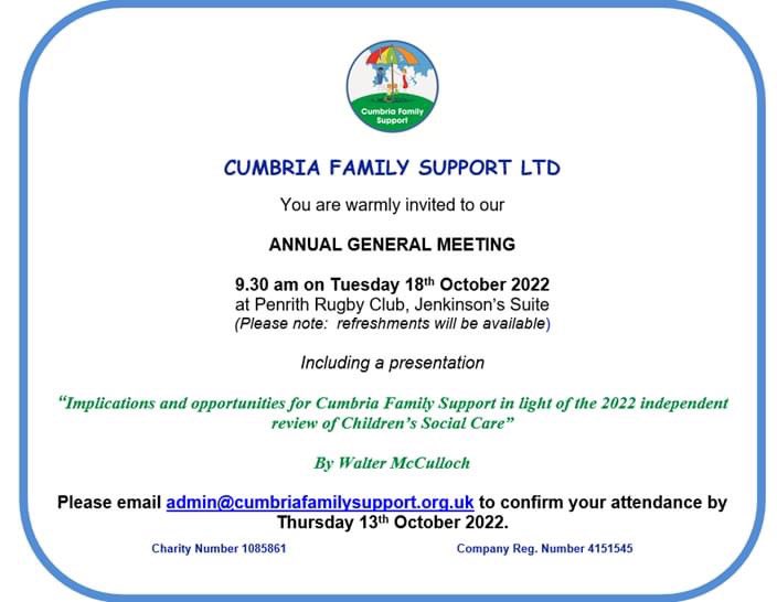 CumbriaFS's tweet photo. Morning everyone!! Quick reminder about our AGM next week. Really hope you can come along! Please let Sarah our Office Manager (admin@cumbriafamilysupport.org.uk) know if you are attending. 
Look forward to seeing you there https://t.co/fByG1kr1nM