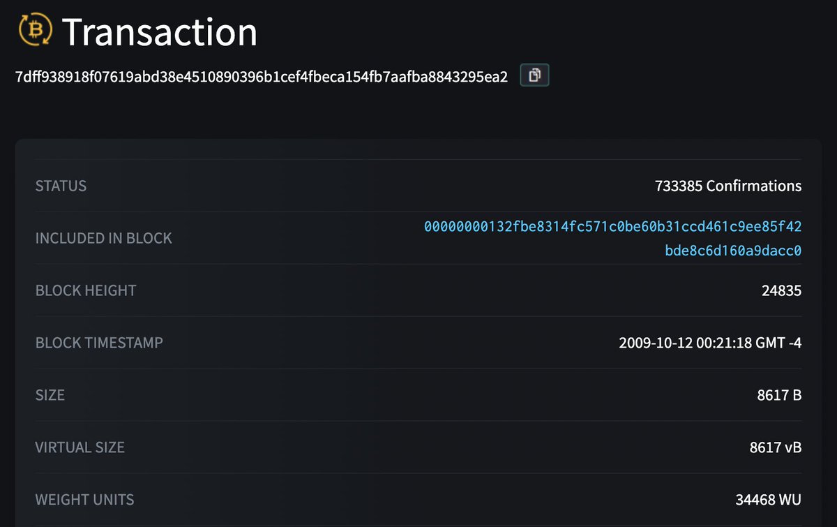 ✨ 13 years ago today, the first #Bitcoin to USD trade

Buying 5,000 BTC for $5.00 🚀