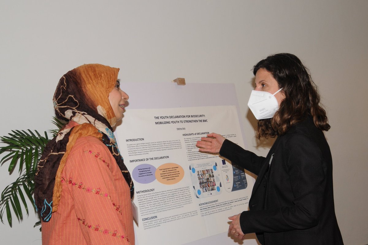 IDSAIndia's tweet photo. On 2nd day of the “Advancements in Science &amp; Technology: Benefits &amp; Risks for BWC” Conference, the youth delegation from around the world presented posters on the issues of "Youth Engagement and Gender Considerations in BWC". https://t.co/D7oBl02WsC