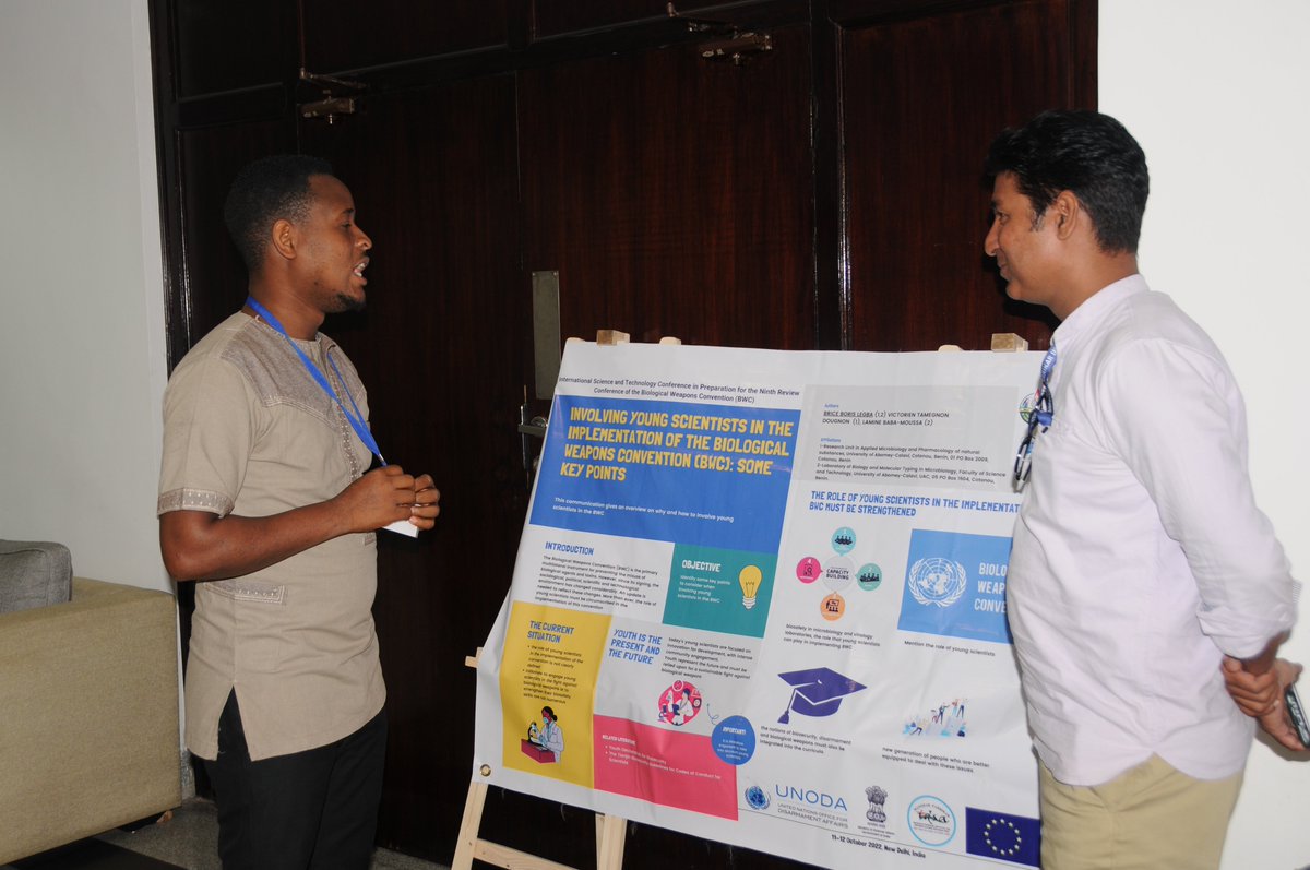 IDSAIndia's tweet photo. On 2nd day of the “Advancements in Science &amp; Technology: Benefits &amp; Risks for BWC” Conference, the youth delegation from around the world presented posters on the issues of "Youth Engagement and Gender Considerations in BWC". https://t.co/D7oBl02WsC