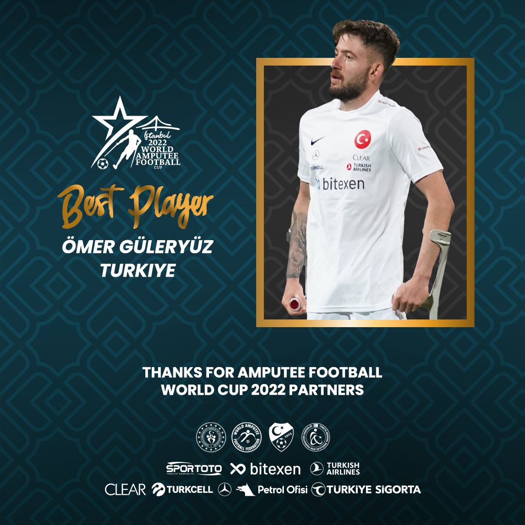 waffworldcup22's tweet photo. 🏅Amputee Football World Cup 2022 Awards 🏅

⭐️ Best Player: Ömer Güleryüz (Turkiye 🇹🇷)

⚽️ Top Scorer: Ömer Güleryüz (Turkiye 🇹🇷)

⚽️ Top Scorer: El Principe Redondo Richard (Haiti 🇭🇹)

⚽️ Top Scorer: Saviola Charles (Haiti 🇭🇹)

#BizDahaFazlasıyız
#WeareMore #WAFFWorldCup2022 https://t.co/QhwwZPwtST