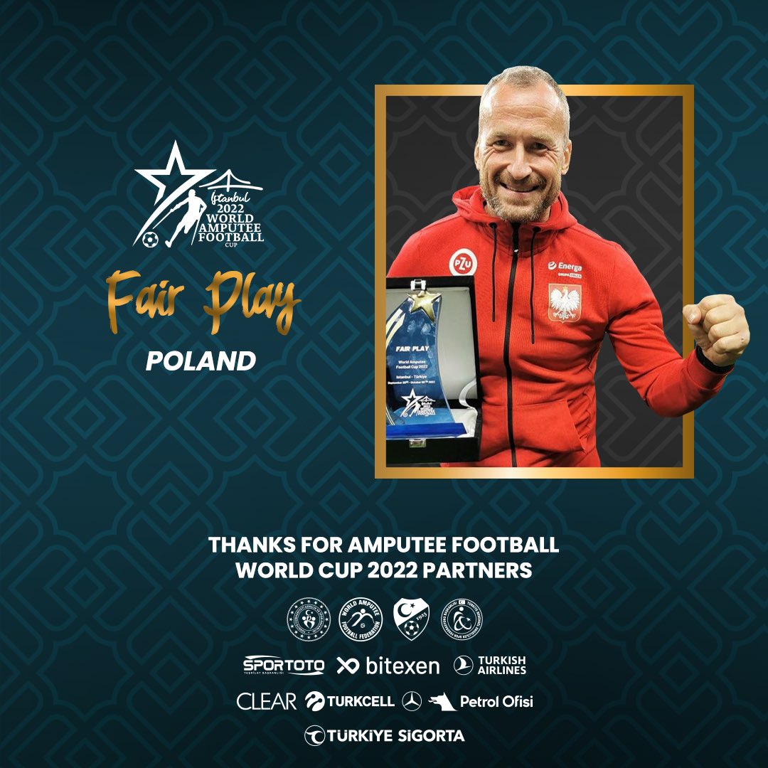waffworldcup22's tweet photo. 🏅Amputee Football World Cup 2022 Awards 🏅

🧤 Best Goalkeeper: Cacumba Sebastiao (Angola 🇦🇴)

🤝 Fair Play: Poland 🇵🇱

#BizDahaFazlasıyız
#WeareMore #WAFFWorldCup2022 #İstanbul2022 https://t.co/PjxTF5FfYn